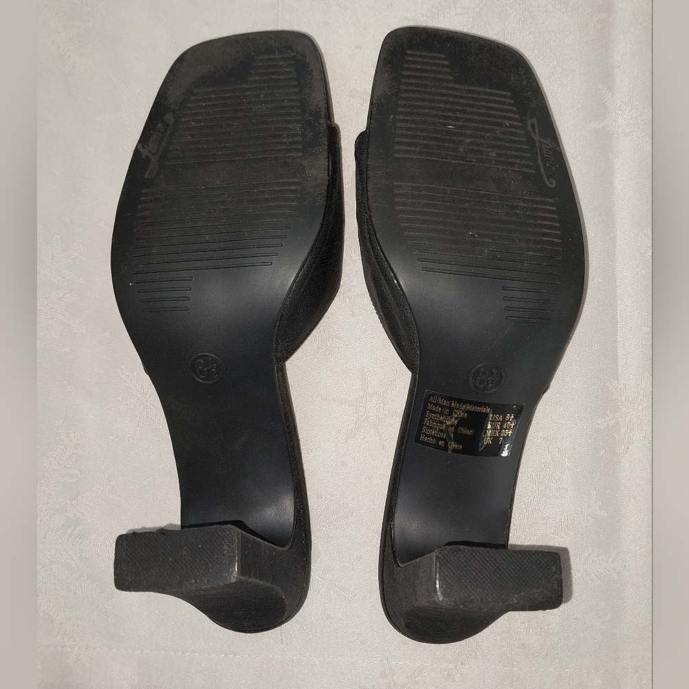 Fioni Black Square Toe 4" Block Heel Mules Slip on Sandals Size 8.5 - Picture 5 of 16